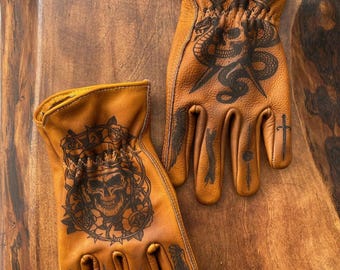 Skull Oni Motorcycle Gloves, Handmade Waxed Leather Biker Gloves, Chopper Riding Gear