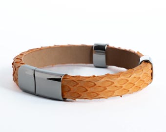Stainless Steel Python Leather Bracelet – Handmade Unisex Cuff Design