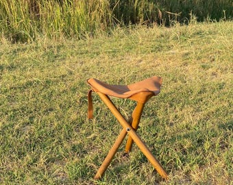 Personalized Leather Camping Stool – Handmade Calfskin Tripod Chair