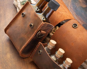 Spice and Oil Bottle Bag Set – Handmade Leather Camping Kitchen Gear