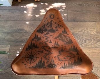 Leather Tripod Camping Stool, Engraved Mountain Seat, Folding Bushcraft Chair, Handmade Outdoor Gift