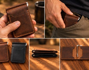 Slim Leather Money Clip Wallet | Minimalist Card Holder | Handmade Genuine Leather | Gifts for Him