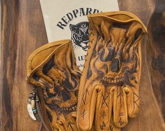 Handmade Leather Motorcycle Gloves Rune Inferno Biker Riding Gloves