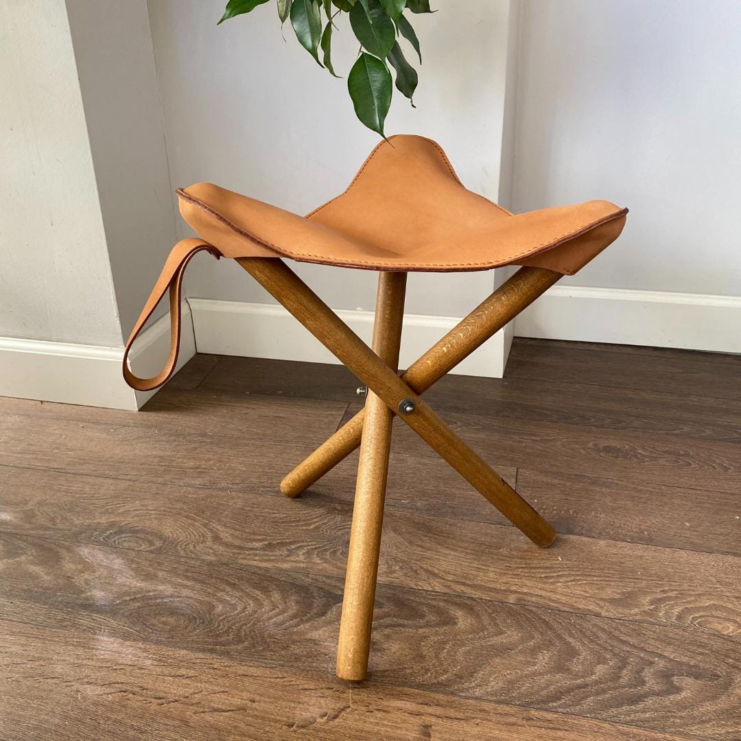 Handmade Leather Tripod Stool – Portable Camping Chair With