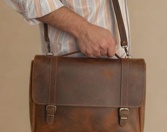 Handmade Messenger Bag with Antique Brass – Crossbody Leather Briefcase