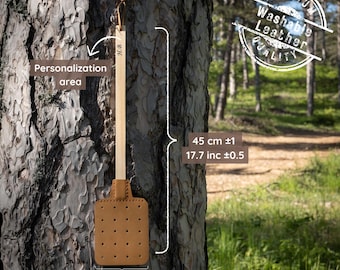 Tape à mouches en cuir fait main - Cuir de veau lavable et manche en bois (pin ou iroko)