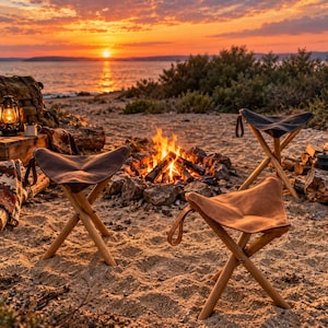 May include: Three portable folding stools with light-coloured wooden legs and dark brown leather seats, each featuring a side carry strap. The stools are arranged on a sandy beach near a campfire with a sunset over the water in the background.