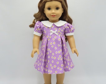 Purple Flowered 1930's Pleated Dress, Fits 18" Dolls // Doll Clothes, Historical, Zipper, Bow, White, Daisies