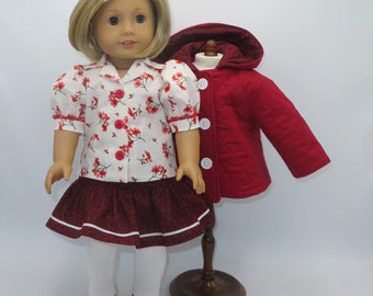 Red 4-Piece Jacket Set, Fits 18" Dolls // Hooded Jacket, AG Coat, Doll Clothes, Skirt, Blouse, Leggings, White, Flowered