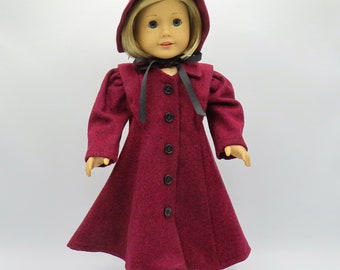 burgundy 1930's Coat and Bonnet, Fits 18 Inch Dolls // Doll Clothes, Historical, Herringbone Pattern, Hat, Black