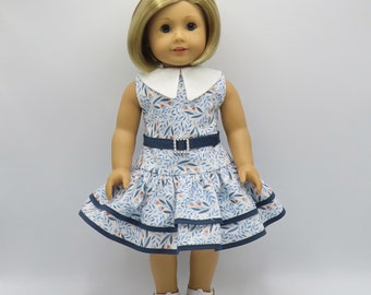 Blue Low-Waisted Summer Dress, Fits 18" Dolls // Doll Clothes, Spring, Summer, Sleeveless, White, Belt, Flowers