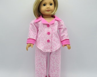 Cozy Pink Flannel Pajamas, Fits 18 Inch Dolls // Doll Sleepwear, Cuffs, PJs, White, Stars