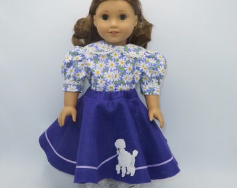 Purple Poodle Skirt and Flowered Blouse, Fits 18 Inch Dolls // Doll Clothes, Doll Dress, 1940, 1950, Circle Skirt, Retro, Felt