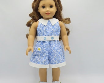 Blue Flowered Short Playsuit, Fits 18 Inch Dolls // Doll Clothes, Summer, Spring, Jumpsuit, White