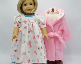 Pink Robe and Slippers with Flannel Nightgown, Fits 18 Inch Dolls // Doll Clothes, Sleepwear, Butterflies, Pajamas, White, Teal