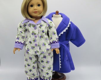Dark Purple Robe and Slippers with Flannel Pajamas, Fits 18 Inch Dolls // Doll Clothes, Sleepwear, PJs, White, Flowers