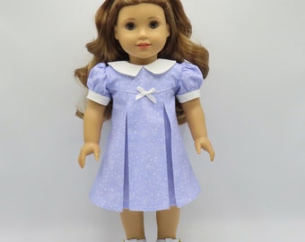 Lavender 1930's Pleated Dress, Fits 18" Dolls // Doll Clothes, Historical, Zipper, Bow, Stars