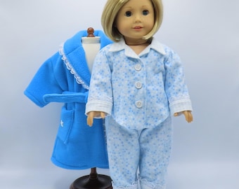 Sky Blue Fleece Doll Robe & Slippers with Flannel Pajamas: 18 Inch Doll Clothes