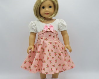 Pink and White 1950's Dress, Fits 18 Inch Dolls // Doll Clothes, Flared, Princess Seams, Flowers, Empire Waist