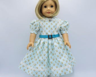 Aqua Civil War Doll Dress & Pantaloons:  Flower Print, 18" Doll Clothes
