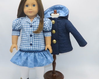 Blue 4-Piece Jacket Set, Fits 18" Dolls // Hooded Jacket, AG Coat, Doll Clothes, Skirt, Blouse, Leggings, White, Gingham