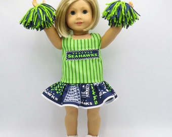 Seahawks Cheerleading Dress with Pom-Poms, Fits 18 Inch Dolls // Doll Clothes, Seattle, 12s, Green, Navy Blue, Sports