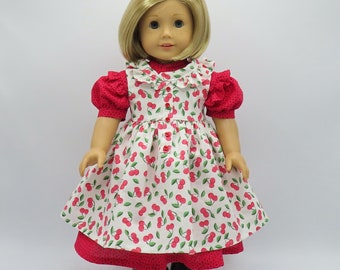 Red Ruffled Prairie Dress with Pinafore, Fits 18" Dolls // Doll Clothes, Historical, 1850 Period, Dotted, White, Cherries