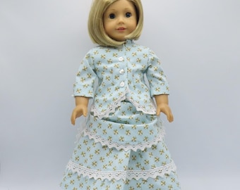 1870s Bustle Dress for 18" Doll: Light Aqua Floral Jacket & Skirt