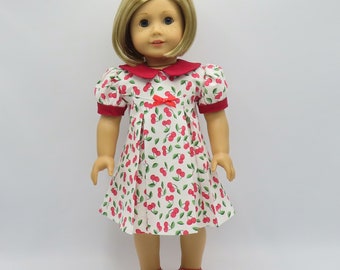 White and Red 1930's Pleated Dress, Fits 18" Dolls // Doll Clothes, Historical, Zipper, Bow, Cherries