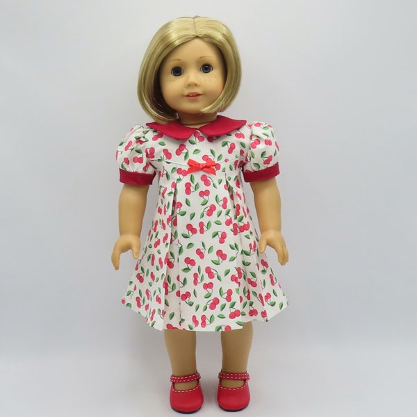 White and Red 1930's Pleated Dress, Fits 18" Dolls // Doll Clothes, Historical, Zipper, Bow, Cherries