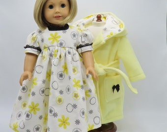 Yellow Robe and Slippers with Flannel Nightgown, Fits 18 Inch Dolls // Doll Clothes, Sleepwear, Flowered, Pajamas, Black, White, Gray