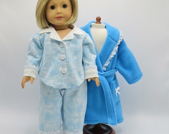 Blue Robe and Slippers with Flannel Pajamas, Fits 18 Inch Dolls // Doll Clothes, Sleepwear, White, PJs, Paisley, Dotted