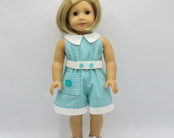 Teal Dotted Short Playsuit, Fits 18 Inch Dolls // Doll Clothes, Summer, Spring, Jumpsuit, White, Gray