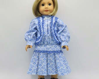 Blue 1920s Jacket Dress, Fits 18" Dolls // Doll Clothes, Period, Low-Waisted, Half Jacket, Flowered