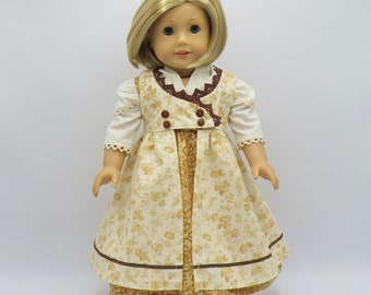 Rust Brown Regency Dress with Cream Pinafore, Fits 18" Dolls // Doll Clothes, Historical, Period, Flowers, Swirls