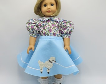 Blue Poodle Skirt with Flowered Blouse, Fits 18 Inch Dolls // Doll Clothes, Doll Dress, 1940, 1950, Circle Skirt, Retro, Felt, White