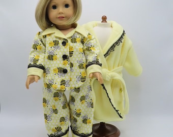 Yellow Robe and Slippers with Flannel Pajamas, Fits 18 Inch Dolls // Doll Clothes, Sleepwear, PJs, Black, Bees, White