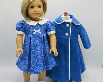 Royal Blue Coat and Dress Set, Fits 18" Dolls // Doll Clothes, Historical, Zipper, Winter, Fall, Spring, Corduroy, Pleated, White