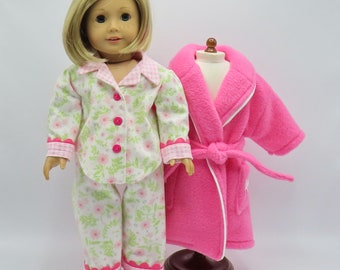 Dark Pink Robe and Slippers with Flannel Pajamas, Fits 18 Inch Dolls // Doll Clothes, Sleepwear, PJs, White, Flowers