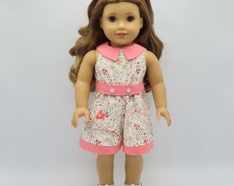 Coral Flowered Short Playsuit, Fits 18 Inch Dolls // Doll Clothes, Summer, Spring, Jumpsuit, White