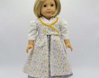 Gray and Yellow Regency Dress with Pinafore, Fits 18" Dolls // Doll Clothes, Historical, Period, White, Flowered