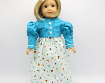 Teal Flowered Spencer Dress and Jacket, Fits 18" Dolls // Doll Clothes, Historical, Period, White, 1800's, Flowers