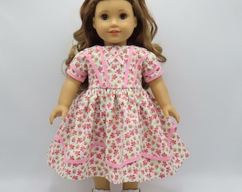 Pink Flowered Two-Tiered Scalloped Dress, Fits 18" Dolls // Doll Clothes, Historical, Period, Layered, White
