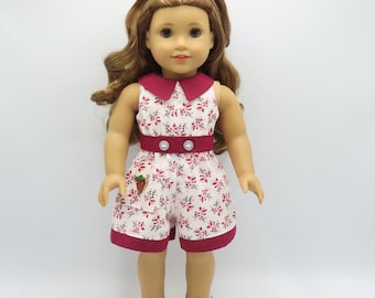 Red Flowered Short Playsuit, Fits 18 Inch Dolls // Doll Clothes, Summer, Spring, Jumpsuit, White, Brick Red