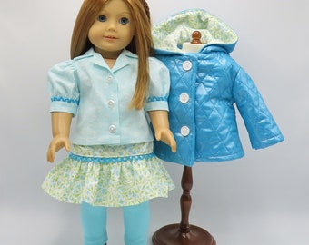 Aqua/Blue 4-Piece Jacket Set, Fits 18" Dolls // Hooded Jacket, AG Coat, Doll Clothes, Skirt, Blouse, Leggings, White, Flowered