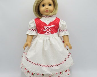 Red Flowered Bavarian Dress with White Apron, Fits 18 Inch Doll // Doll Clothing, Historical, German, Dirndl, Authentic, Dotted