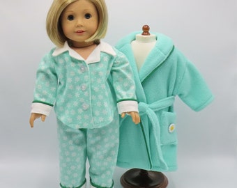 Mint Green Robe and Slippers with Flannel Pajamas, Fits 18 Inch Dolls // Doll Clothes, Sleepwear, White, PJs, Daisies