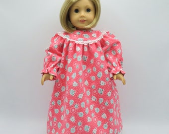 Coral Flannel Nightgown, Fits 18 Inch Dolls // Doll Sleepwear, Doll Clothes, White, Aqua, Flowers