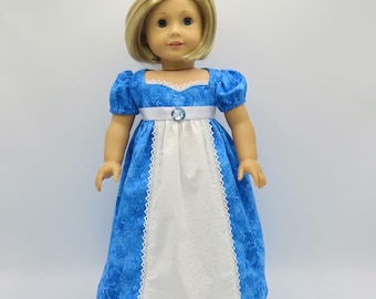 Peacock Blue Regency Party Dress, Fits 18 Inch Dolls // Doll Clothes, Historical, Period, White, Formal, Swirl Pattern