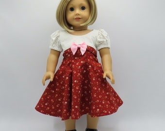 Brick Red and White 1950's Dress, Fits 18 Inch Dolls // Doll Clothes, Flared, Princess Seams, Flowers, Empire Waist